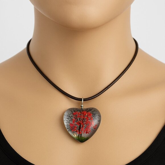 Heart-Shaped Pendant Necklace Red Floral Design - 18" Brown Cord Fashion Jewelry - Picture 1 of 7